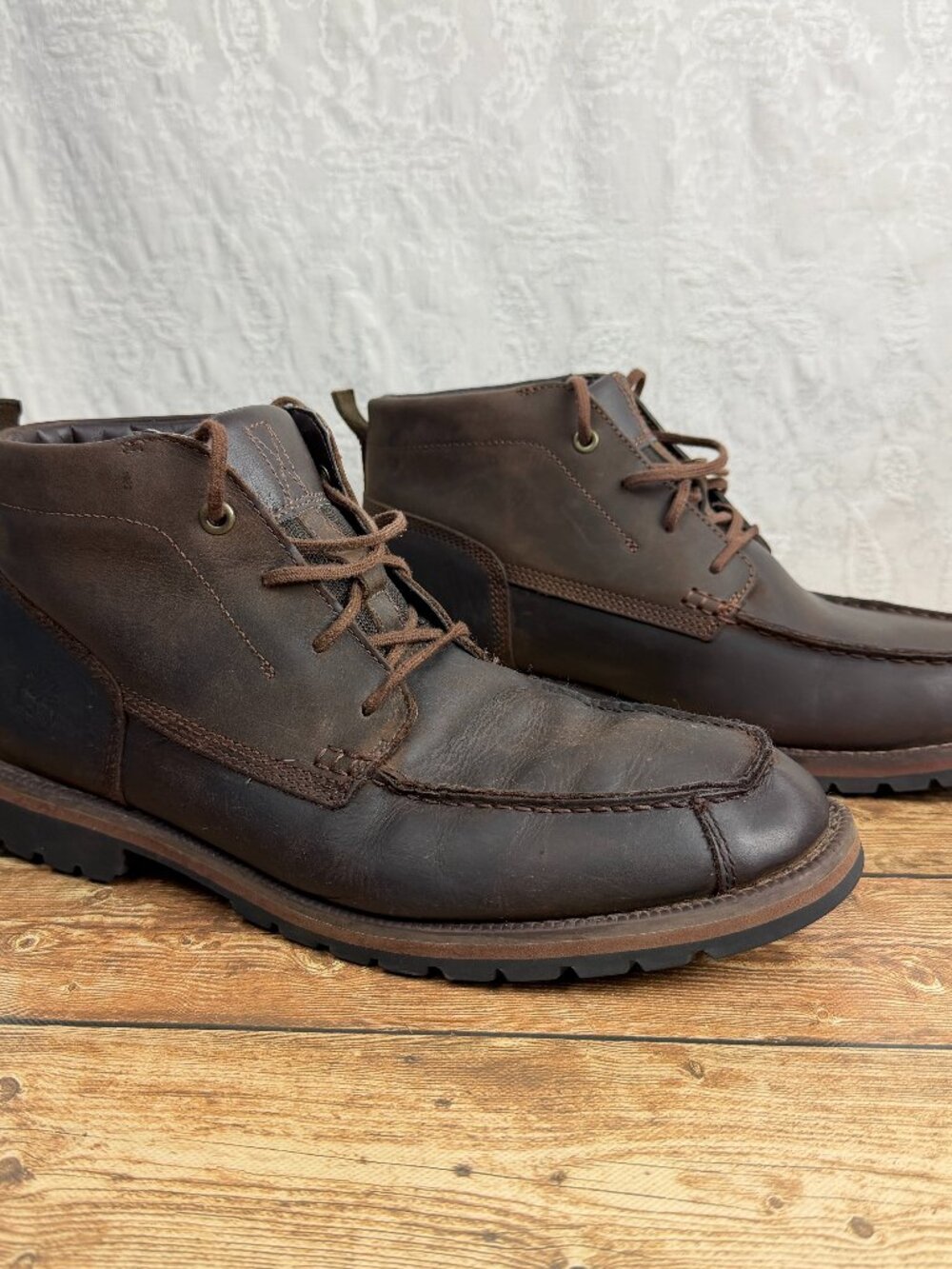 Timberland Men's Size 13 Brown Leather Moc Toe Chukka Boots OrthoLite Rugged
